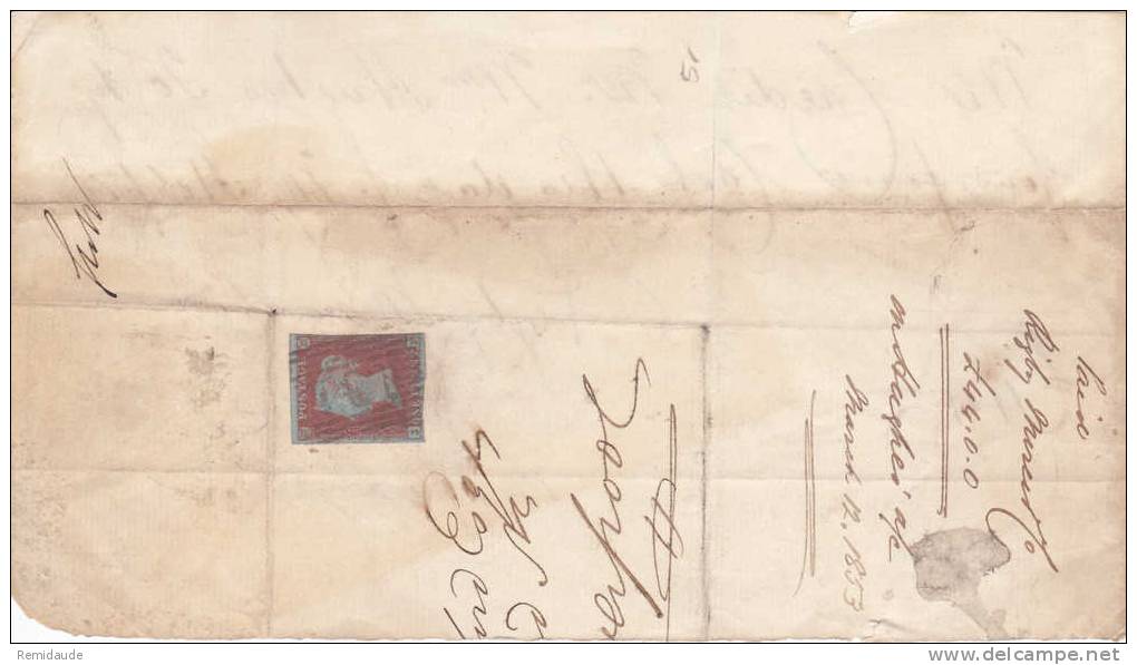 GRANDE BRETAGNE - 1853 - YVERT N° 3 (LETTRES J E) SUR FRAGMENT DE LETTRE POUR LIVERPOOL - Storia Postale