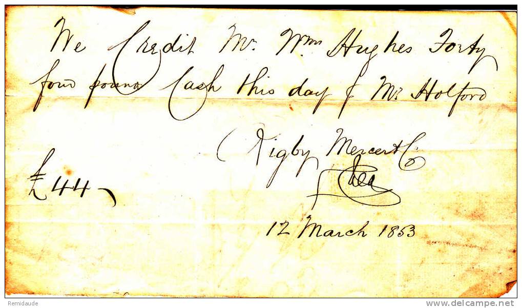 GRANDE BRETAGNE - 1853 - YVERT N° 3 (LETTRES J E) SUR FRAGMENT DE LETTRE POUR LIVERPOOL - Brieven En Documenten
