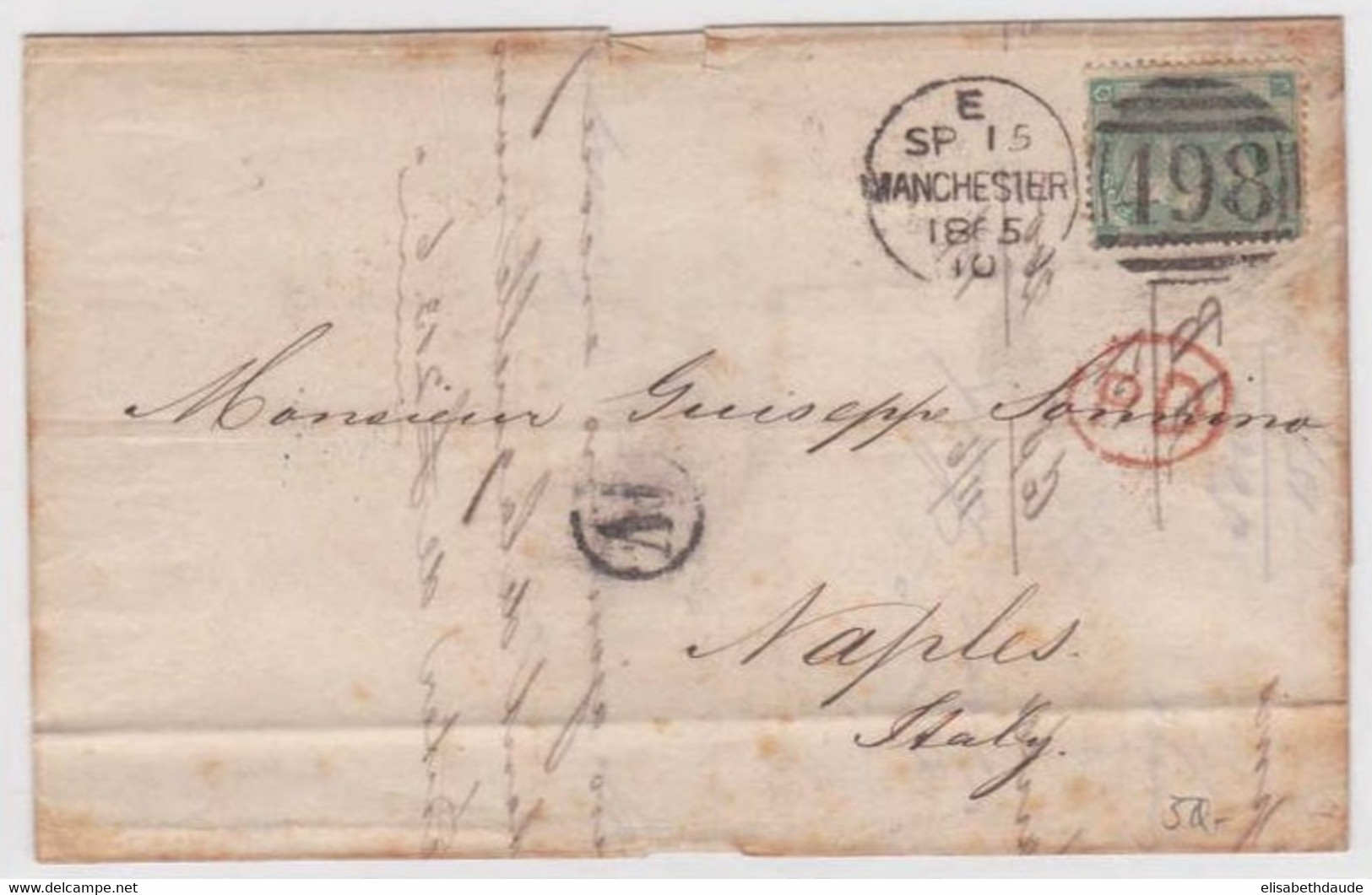 GRANDE BRETAGNE - 1865 - YVERT N°31 (COTE=120 EUROS) SUR LETTRE DE MANCHESTER POUR NAPLES (ITALIE) - Lettres & Documents