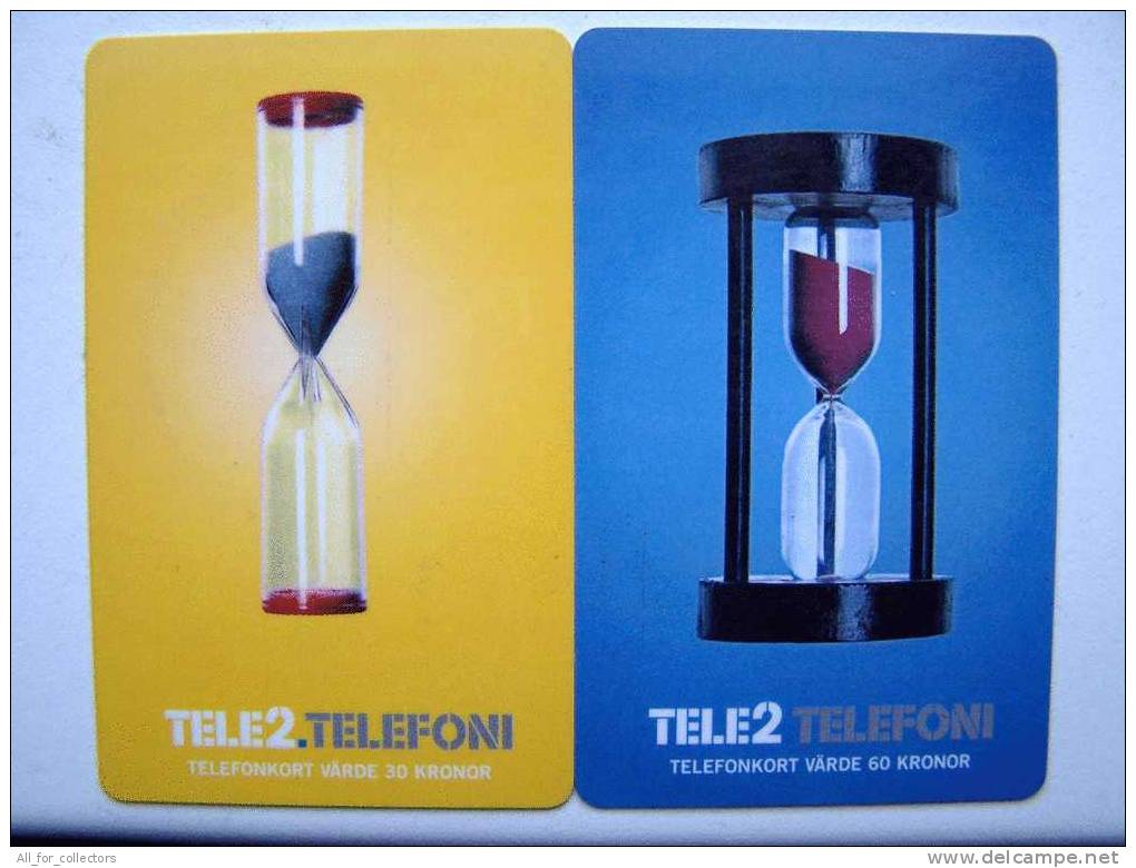 Nice 2 Different Cards From DENMARK Topic HOURGLASS & TELE2. Sablier Sanduhr   Reloj De Arena - Denmark