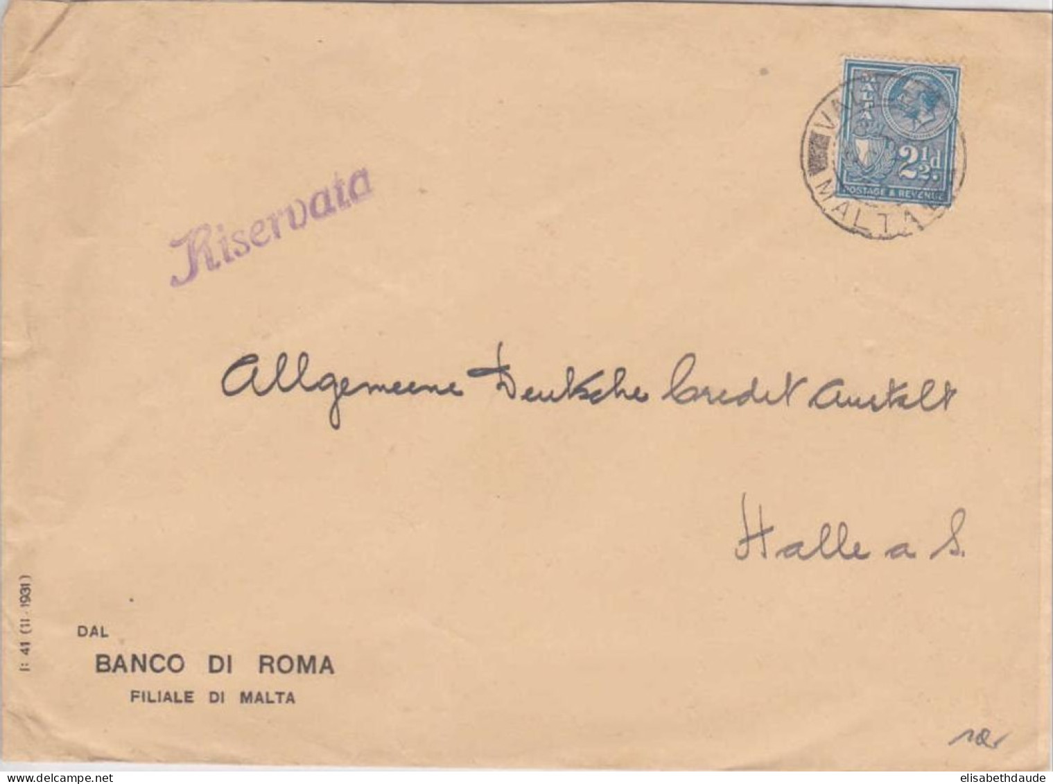 MALTA - 1932 - YVERT N°122 SEUL SUR LETTRE DE VALLETTA POUR HALLE (ALLEMAGNE) - Malta (...-1964)