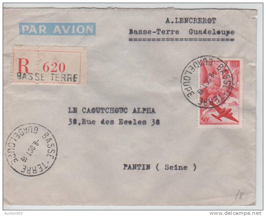 Guadeloupe L/Avion Recommandée Basse-Terre 1949 V.Pantin 228 - Andere & Zonder Classificatie