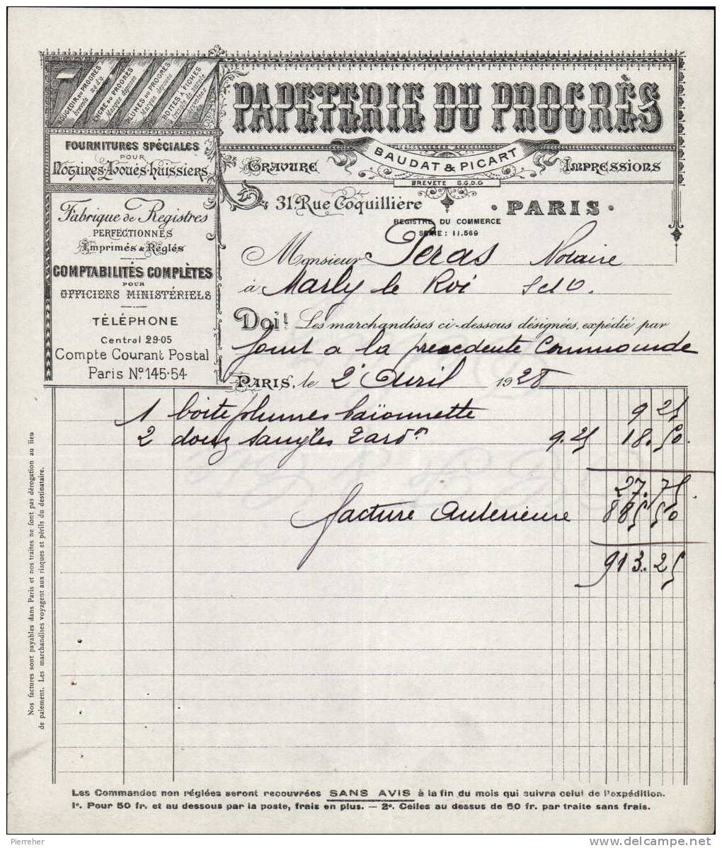 PAPETERIE DU PROGRES AU 31 RUE COQUILLERE A PARIS / FACTURE DATEE 1928 - Imprimerie & Papeterie