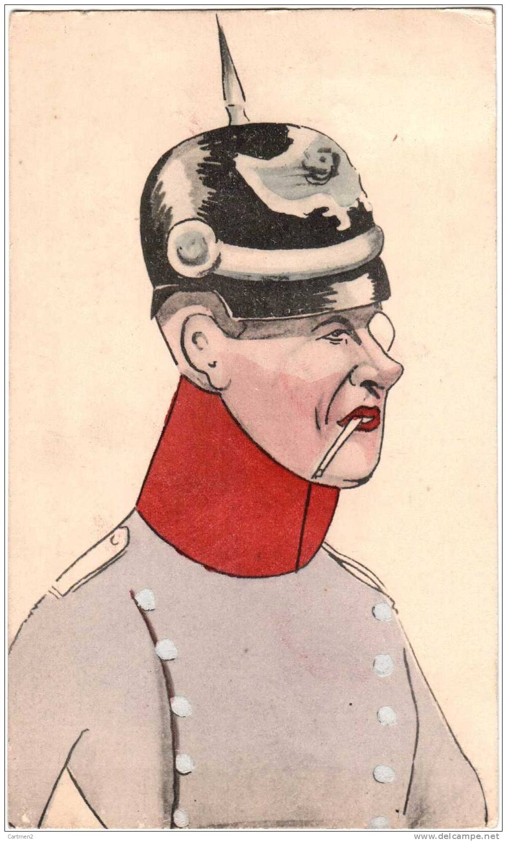 PORTRAIT CHARGE DESSIN MILITAIRE ALLEMAND CASQUE A POINTE OFFICIER GUERRE 1912 - Patriotic