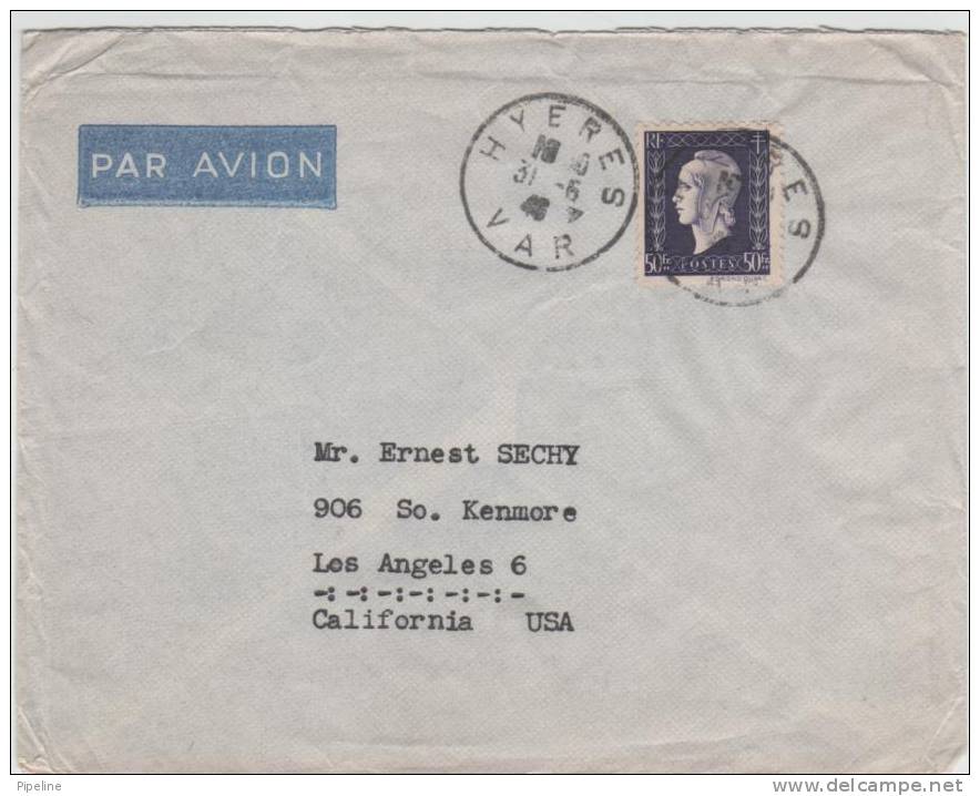 France Air Mail Cover Sent To USA Hyeres 31-6-1946 Single Stamped - 1927-1959 Lettres & Documents