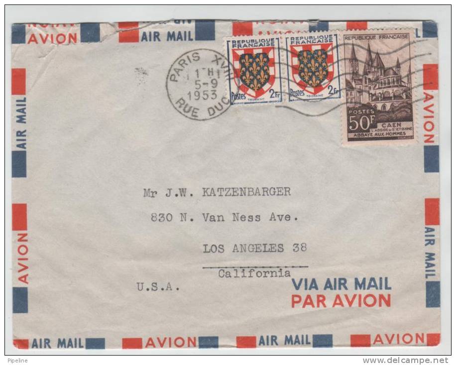 France Air Mail Cover Sent To USA Paris 5-9-1953 - 1927-1959 Covers & Documents