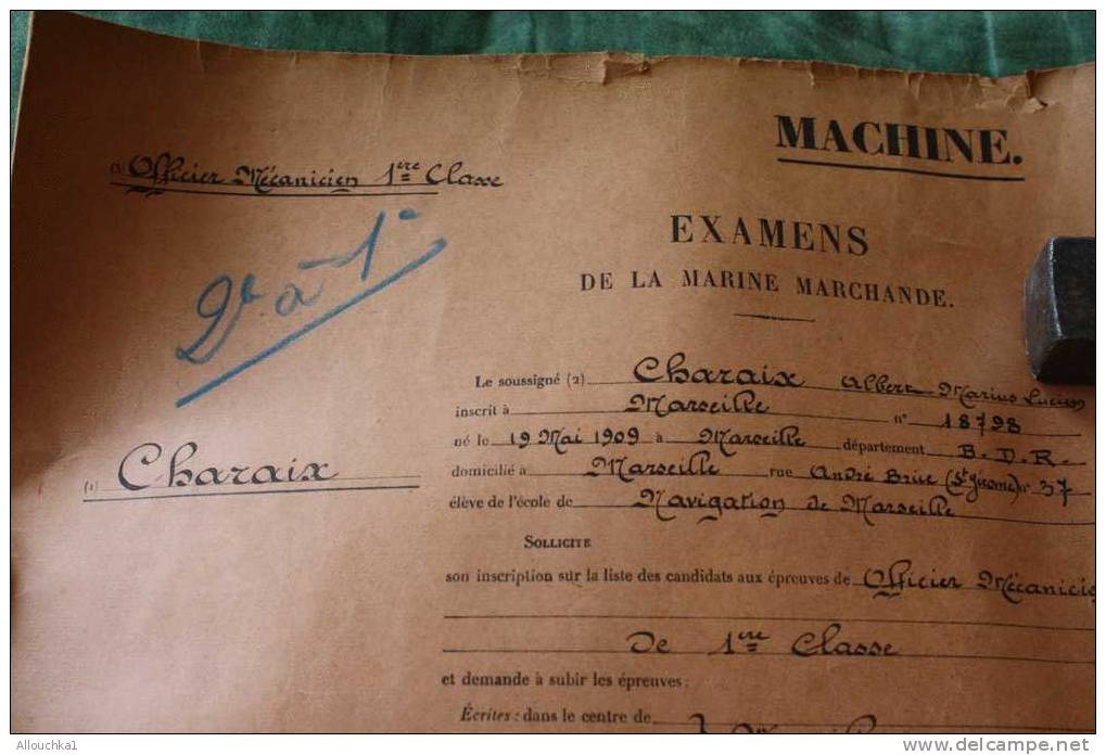 MILITARIA  1939 GUERRE 1ére CLASSE EXAMEN MACHINE OFFICIER MECANICIEN MARINE MARCHANDE INSCRIPTION MARITIME MLLE Né 1909 - Boten