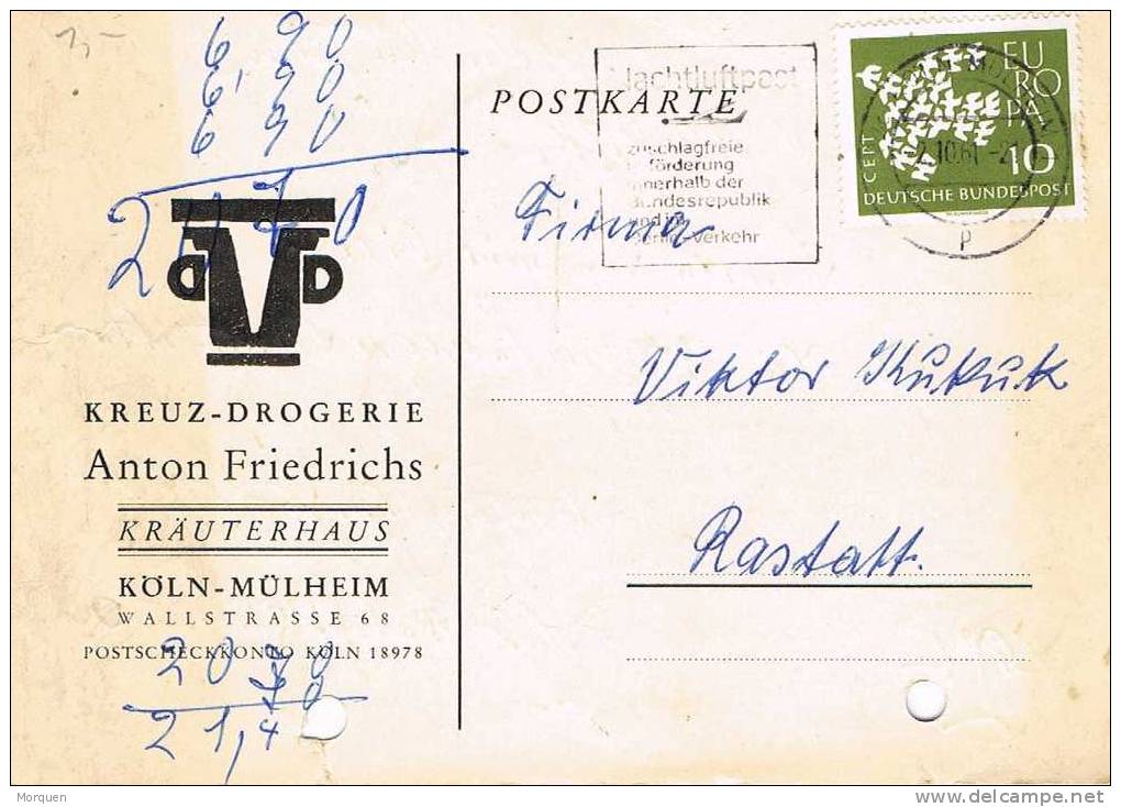 2407. Tarjeta KOLN MULHEIM 1961 (Alemania). Privat Card Doguerie - Covers & Documents