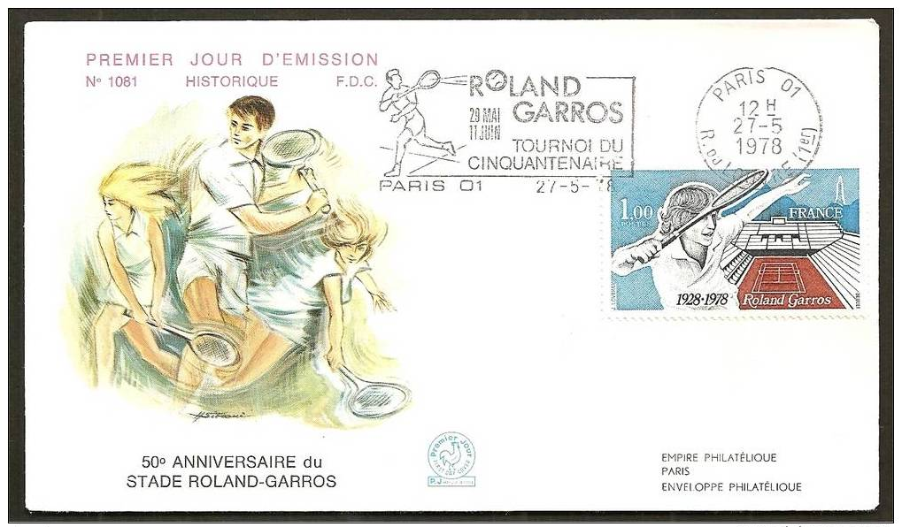 *FDC. 27.5.1978. N° 1081. Cinquantenaire Du Stade De Roland Garros Tennis - 1970-1979