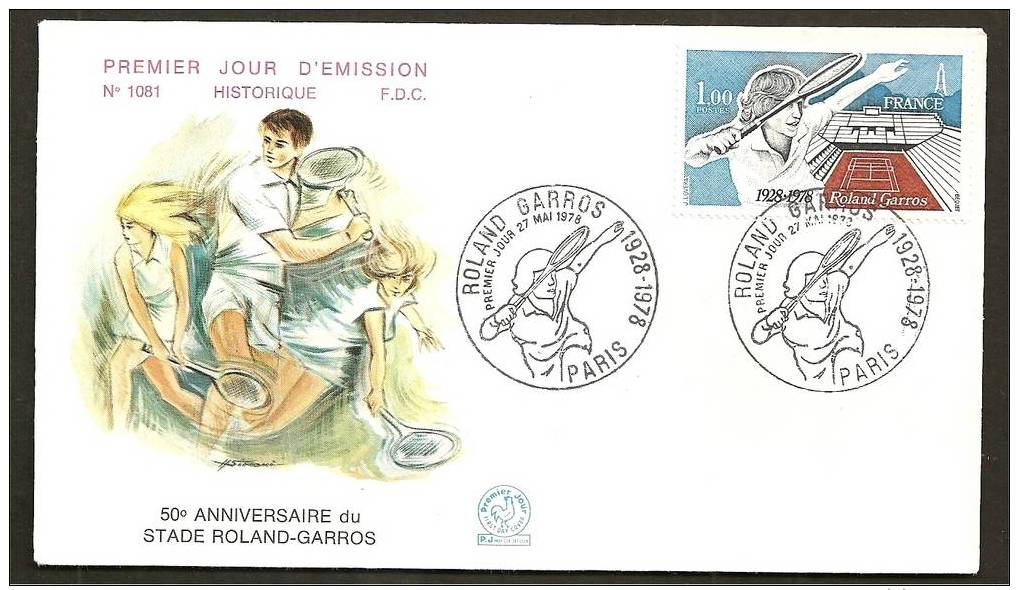 *FDC. 27.5.1978. N° 1081. Cinquantenaire Du Stade De Roland Garros Tennis - 1970-1979