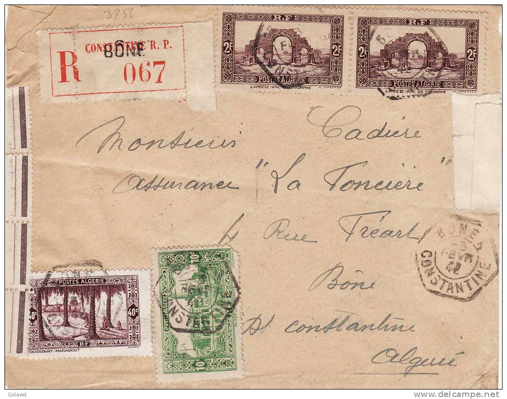 3252# ALGERIE LETTRE RECOMMANDEE Obl BONE A CONSTANTINE 1942 - Autres & Non Classés