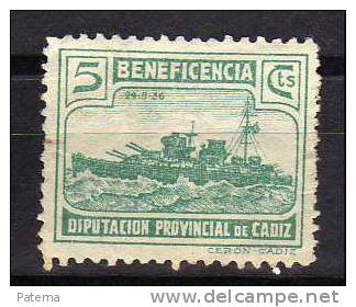 España,, Viñeta  , Beneficencia Cadiz, 5 Cts, Verde, Guerra Civil. - Spanish Civil War Labels