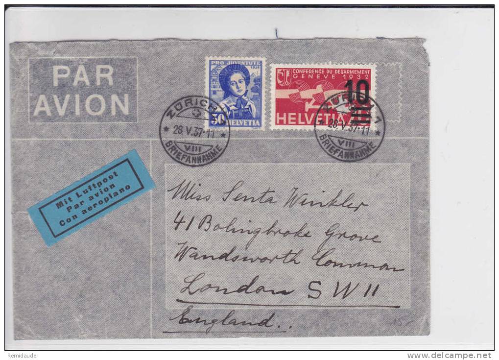 SUISSE - 1937 - ZUMSTEIN Nr.PA21 (DEFAUT) + 80 PROJUVENTUTE (RARE) Sur LETTRE PAR AVION DE ZÜRICH POUR LONDON (GB) - Erst- U. Sonderflugbriefe