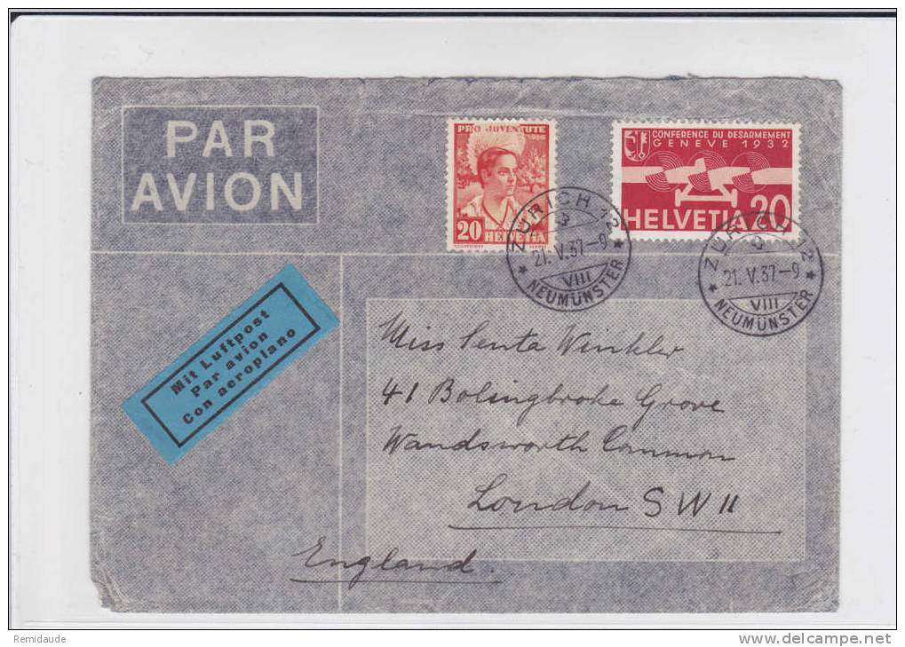 SUISSE - 1937 - ZUMSTEIN Nr.PA17 + 79 PROJUVENTUTE Sur LETTRE PAR AVION DE ZÜRICH POUR LONDON (GB) - Eerste Vluchten
