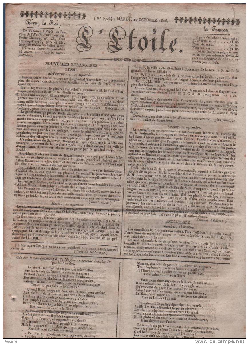 L´ETOILE 17 10 1826 - RUSSIE COURONNEMENT TSAR NICOLAS - LISBONNE - HONGRIE - MARTINIQUE GUADELOUPE - - 1800 - 1849