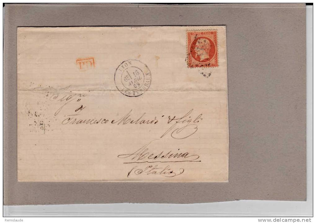 NAPOLEON III  - 1869 - YVERT N°23 SEUL Sur LETTRE De LYON Pour MESSINA (ITALIE) - 1849-1876: Classic Period