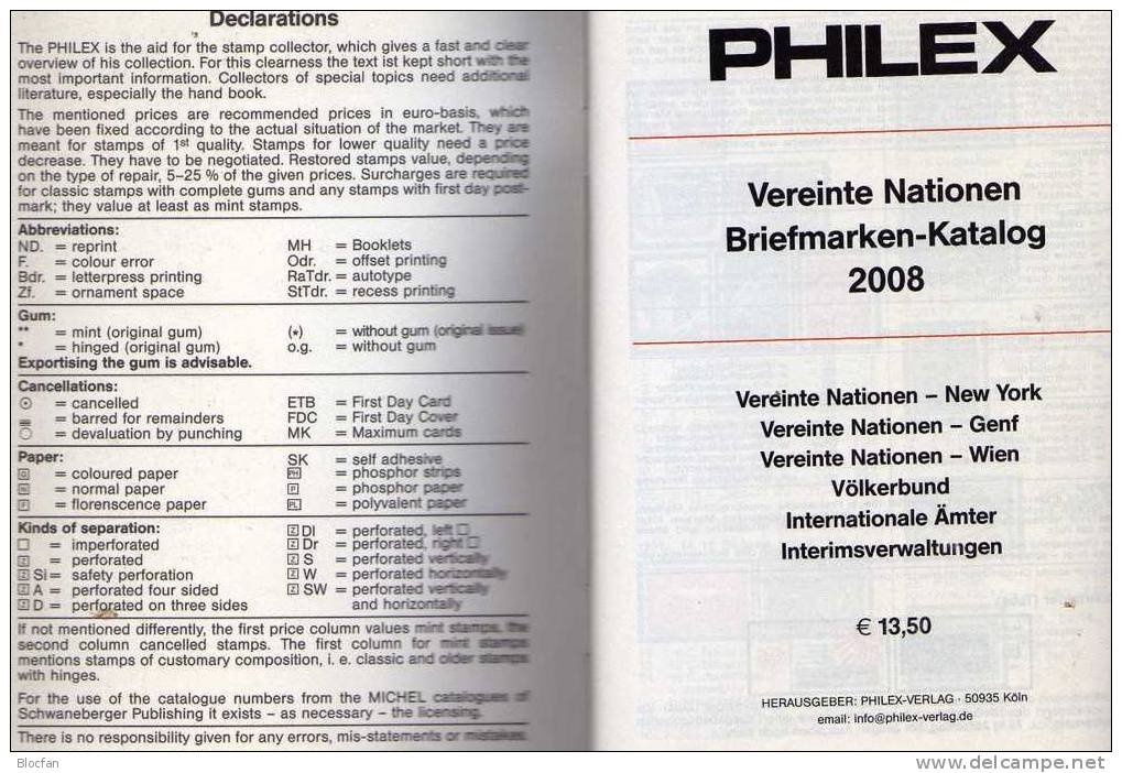Philex Katalog 2008 Briefmarken UNO-Vereinte Nationen 14€ New York Wien Genf Völkerbund UN Catalogue From Germany - Catalogi