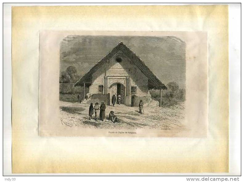 - FACADE DE L´EGLISE DE SARAYACU  . GRAVURE SUR BOIS DU XIXe S. DECOUPEE ET COLLEE SUR PAPIER - Religion & Esotérisme