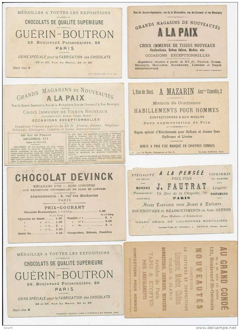 A) 8 Chromos Chocolats Magasins Etc. Années 1880 - Sonstige & Ohne Zuordnung