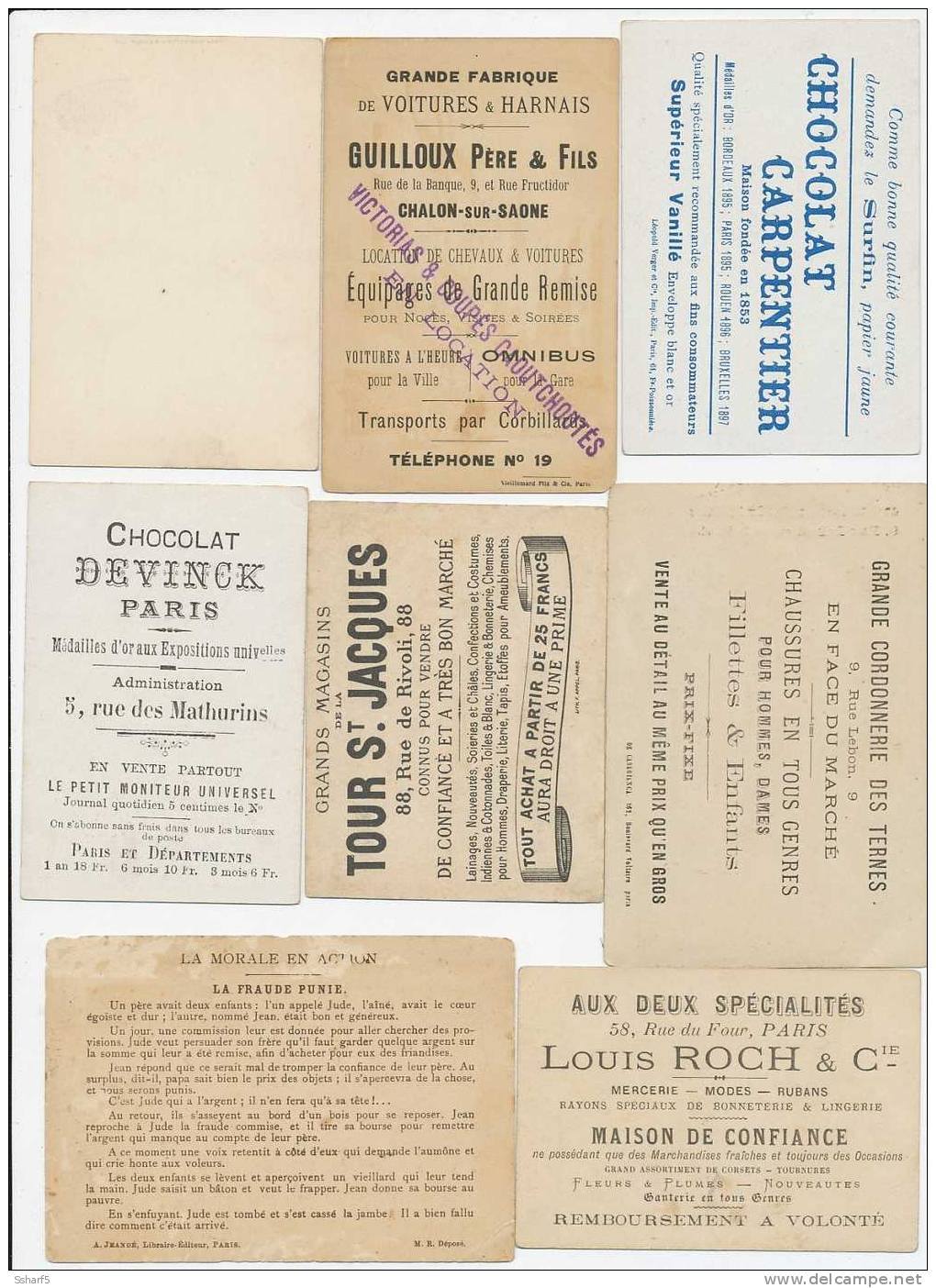 F) 8 Chromos Charbonnier Chocolat Cordonnerie MORALE, Etc. Années 1880 - Sonstige & Ohne Zuordnung