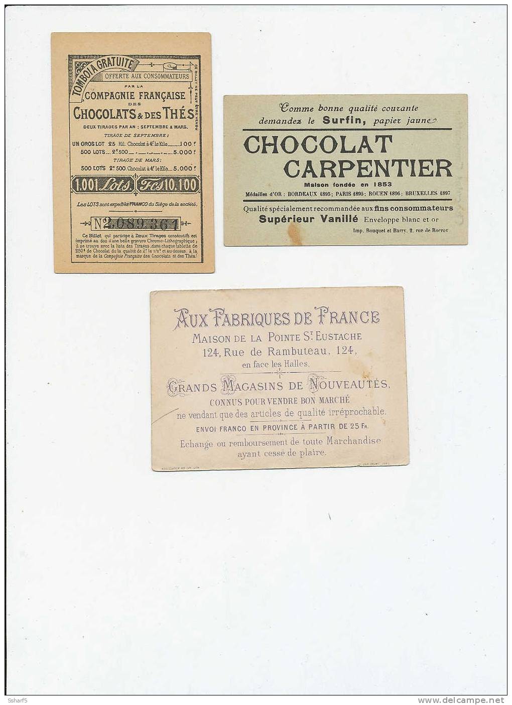 G) 3 Chromos Chocolat Carpentier CAFE AU LAIT, Etc. Années 1880 - Sonstige & Ohne Zuordnung