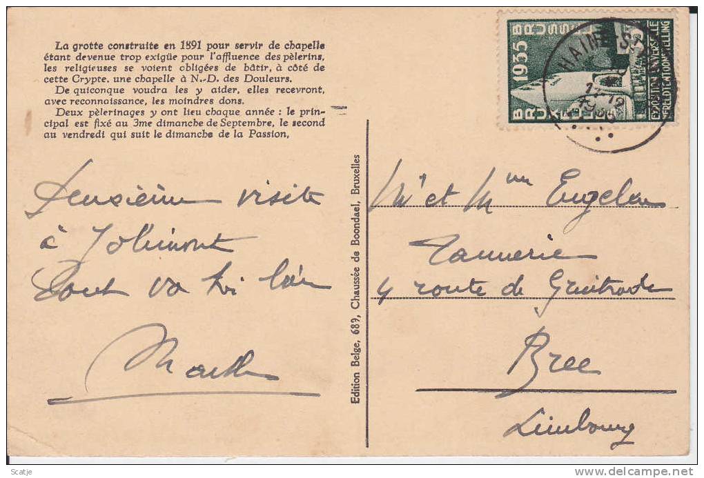 Haine-St.-Pierre/ Joliment - La Grotte -Prachtige Kaart Uit1936 Naar Bree - La Louvière