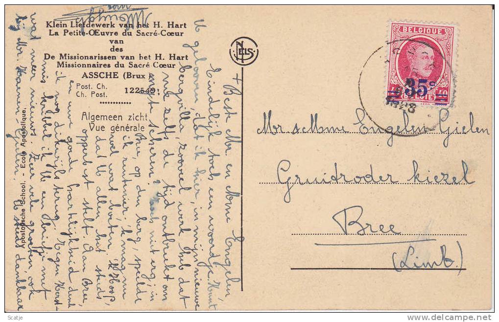 Asse / Assche Bij Brussel /  Apostolische School 1928 / Prachtig Poststuk Naar Bree - Educazione, Scuole E Università