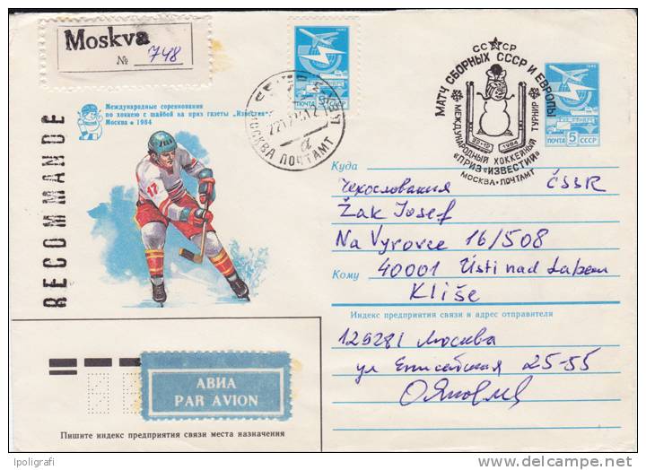 URSS - 1984 - Postal Letter, Spec. Cancellation - Ice Hockey, Match URSS Vs. Europe - Registered 22-12-84 - Hockey (sur Glace)