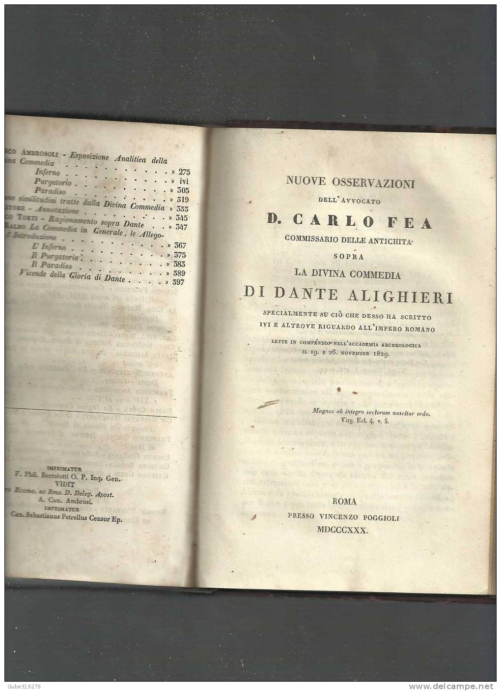 ANNO 1843 -REF 6 - POESIE LIRICHE DI DANTE ALIGHIERI-FLORILEGIO-COMMENTI-STUDI  -TIPOGR.MENICANTI -ROMA