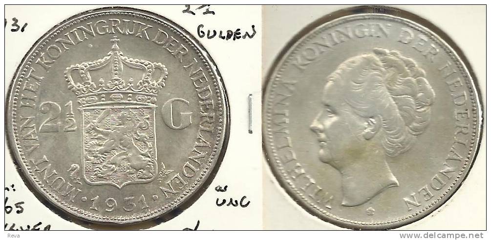 NETHERLANDS 2&1/2 GULDEN SHIELD FRONT WOMAN WILHELMINA BACK 1931 AG SILVER KM165 AUNC READ DESCRIPTION CAREFULLY !!! - 2 1/2 Gulden