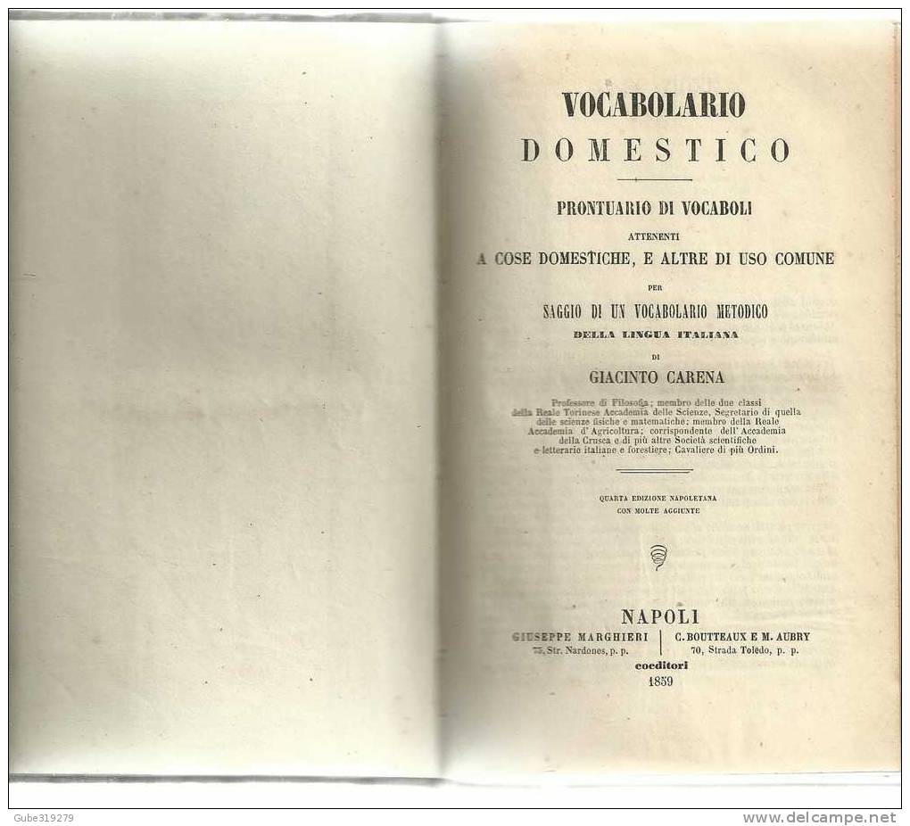 ANNO 1859 - REF.10- VOCABOLARIO DOMESTICO DEL PROF.  GIACINTO CARENA -4ª EDIZIONE G.MARGHIERI - C BOUTTEAUX -NAPOLI - Old Books