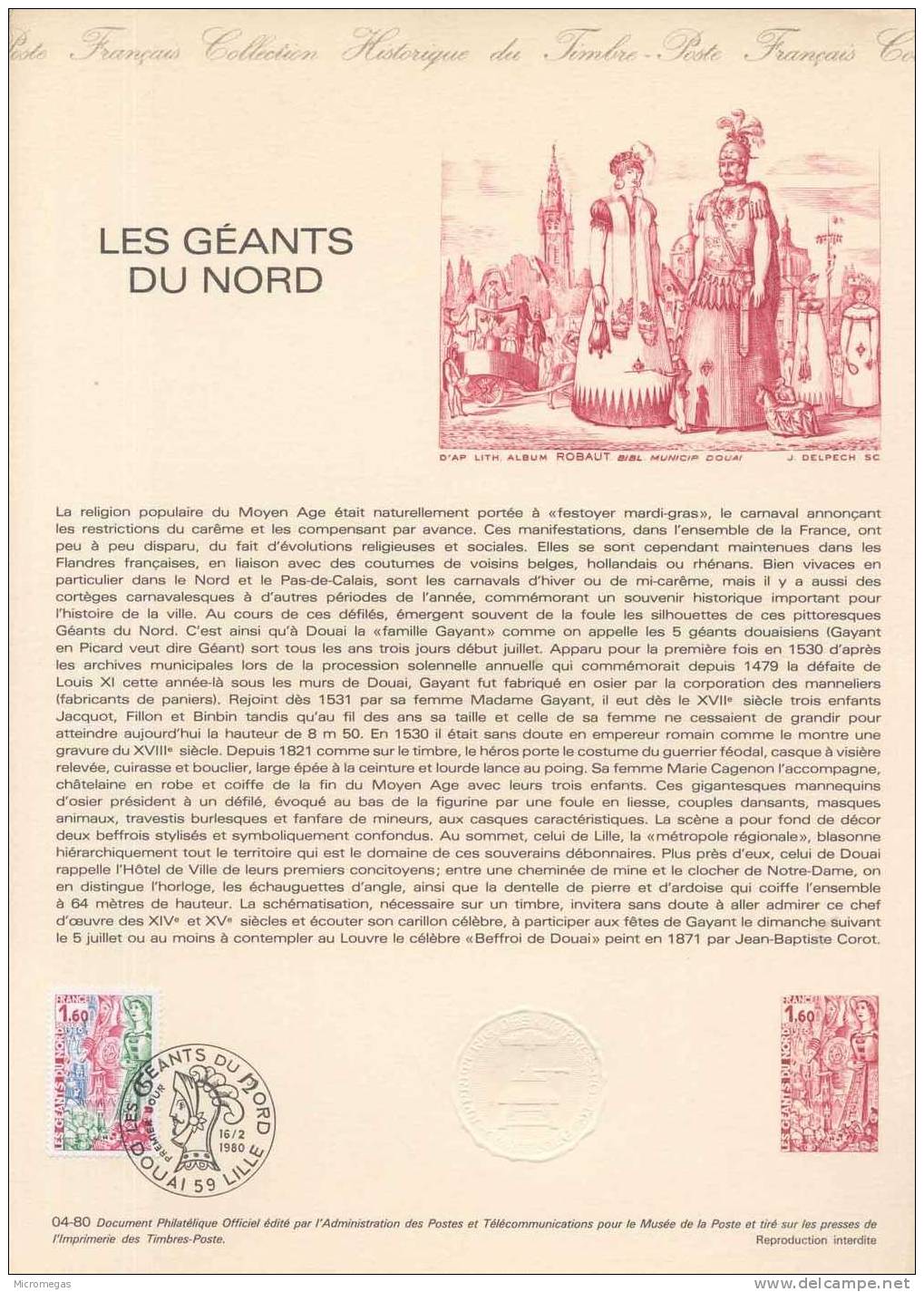 Document Philatélique Officiel De La Poste - Les Géants Du Nord - Douai 116-02-1980 - Documents De La Poste