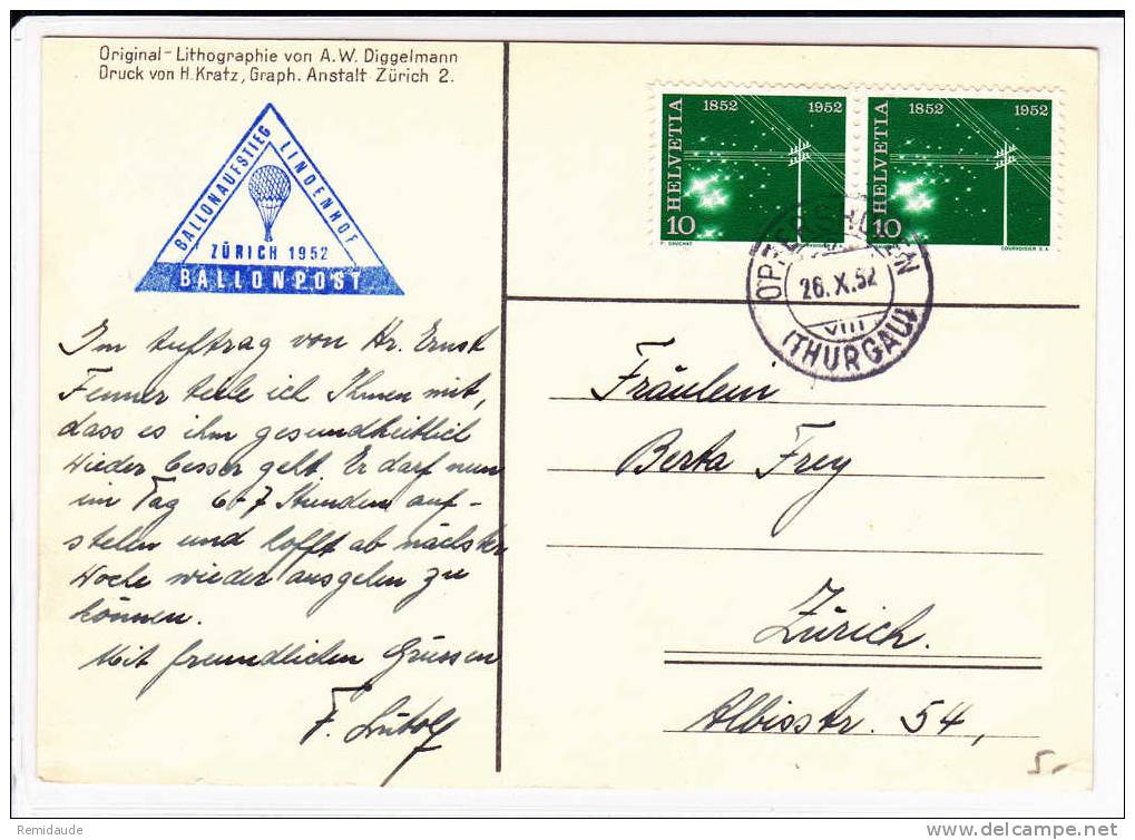 SUISSE - 1952 - CARTE POSTALE VOL Par BALLON (BALLONPOST) De ZÜRICH LINDENHOF - Eerste Vluchten