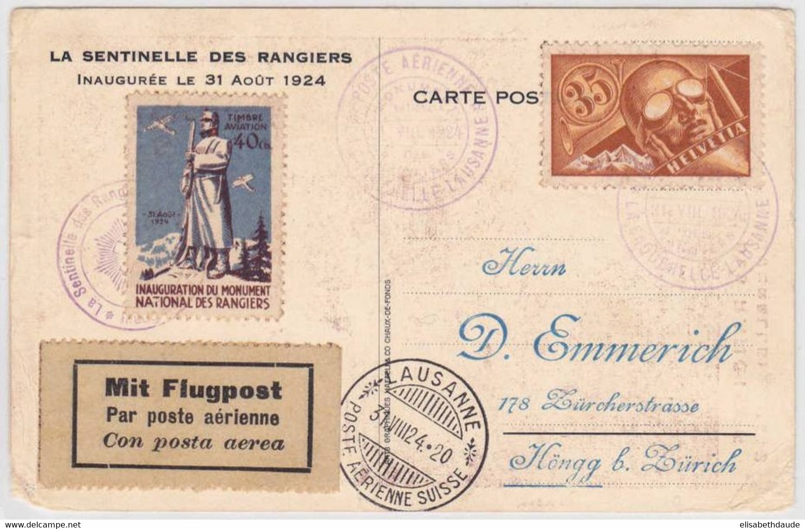 SUISSE - 1924 - CP POSTE AERIENNE VOL LA CAQUERELLE - LAUSANNE AVEC ZUMSTEIN N°PA6 (COTE=120FS) + VIGNETTE AERIENNE - Sonstige & Ohne Zuordnung