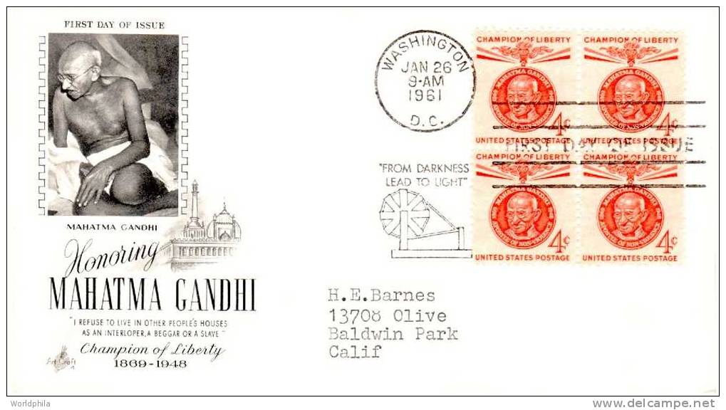 U.S.A / ESTADOS UNIDOS  A Block Of 4- SC #1174 MAHATMA GANDHI - Cacheted FIRST Day Cover1961 - Mahatma Gandhi