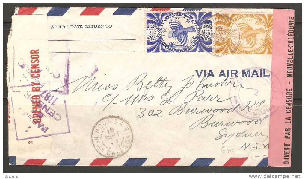 New Caledonia 1943 Twice Censored Air Mail Cover Noumea To Sydney , Fr7.50 Composite Cagou Franking - Brieven En Documenten