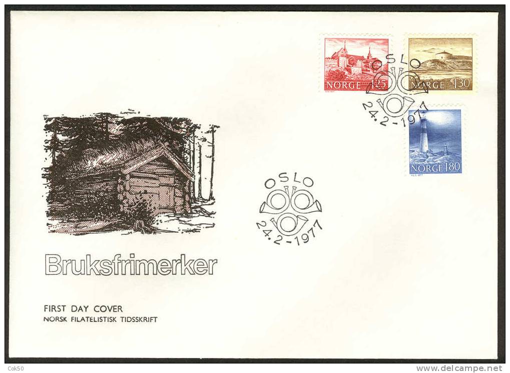 NORWAY FDC 1977 «Daily Issues, Buildings». Perfect, Cacheted Unadressed Cover - FDC