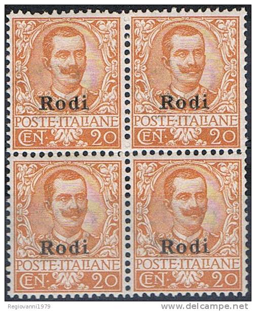 EGEO  RODI 1916 20 C. FLOREALE SOPRAST. QUARTINA CENTRATISSIMA GOMMA INTEGRA SASS. 9 MNH** LUSSO - Egée (Rodi)