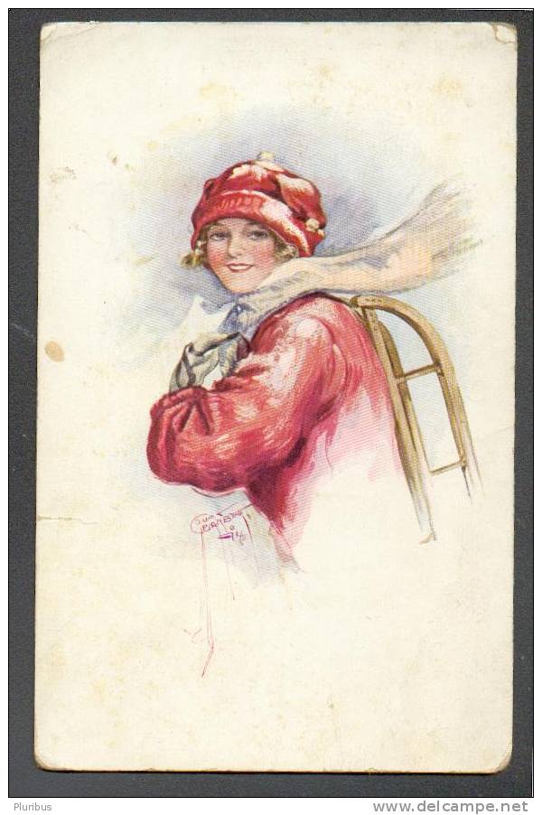 LADY WITH SLEDGE BY COURT BARBER,  OLD  POSTCARD - Barber, Court