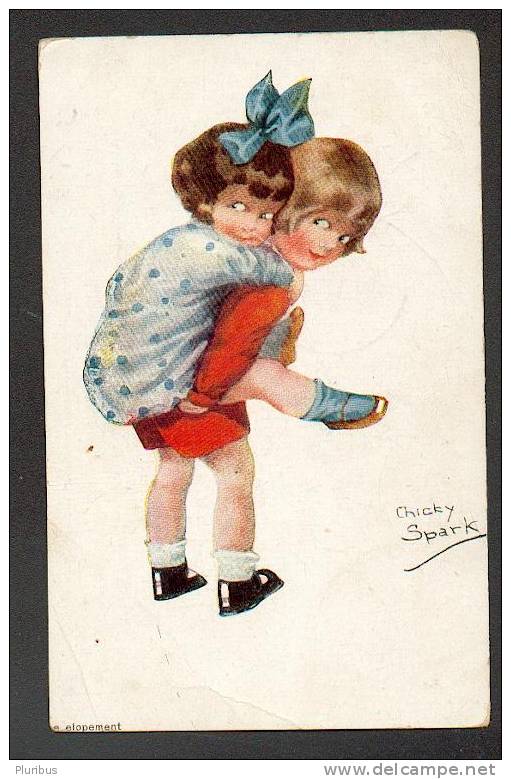 BOY AND GIRL PLAYING BY CHICKY SPARK,  OLD  POSTCARD - Spark, Chicky