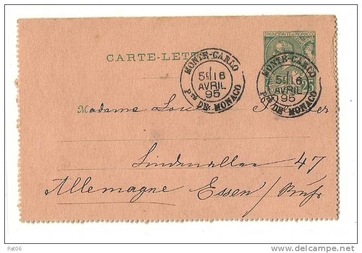 Principauté De Monaco « MONTE-CARLO »   Tarif UPU  ALLEMAGNE   à 25c. - Postal Stationery