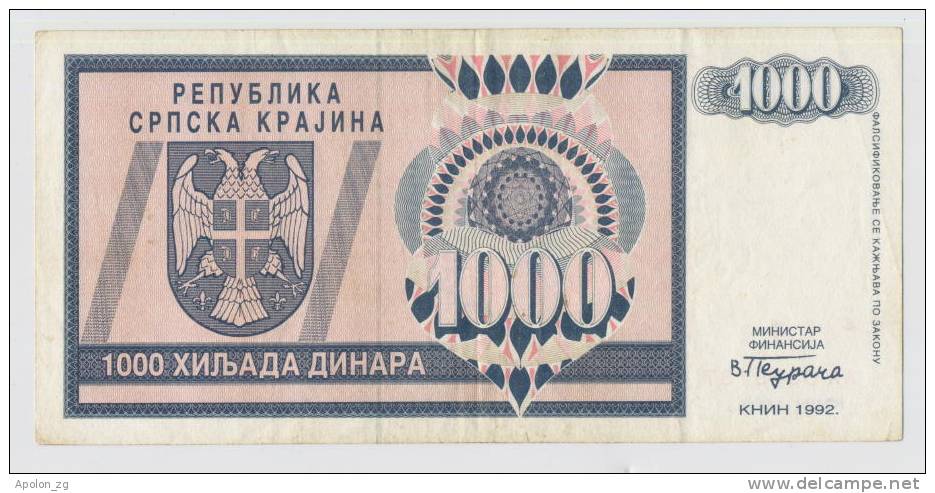 CROATIA -  KROATIEN;  1000 Dinara 1992 VF  * REPUBLIC SERBIAN - KRAJINA  - KNIN ISSUE - Croazia