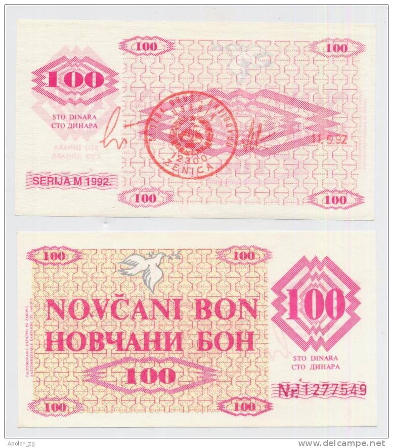 BOSNIA:  100 Dinara 1992  UNC   * Circle Red Handstamp ZENICA - Bosnia And Herzegovina