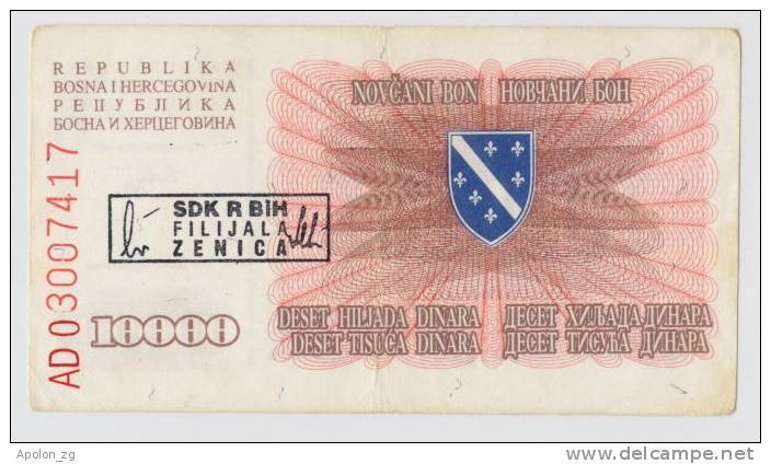 BOSNIA - BOSNIEN UND HERZEGOWINA:  10 000 Dinara 25.1.1993 VF+  *ovpt. SDK R BIH - FILIJALA ZENICA - Bosnie-Herzegovine