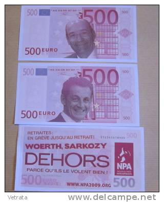 2 Faux Billets De 500 Euros À L´effigie De Sarkozy & De Woerth, Distribués Par Le NPA Pendant Les Manifestations, Automn - Non Classés