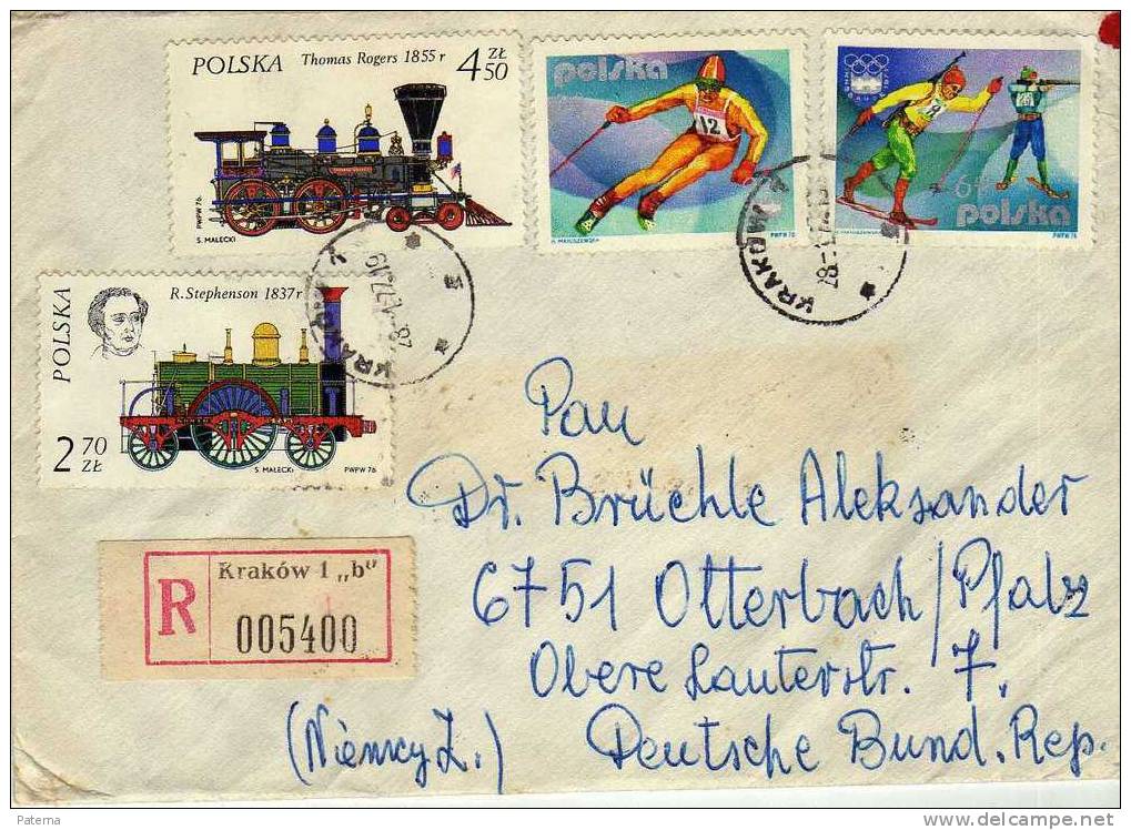 Carta, , Certificada KRAKOW 1977 , Polonia, Cover,letter,tren,, Trenes Olimpiadas - Storia Postale
