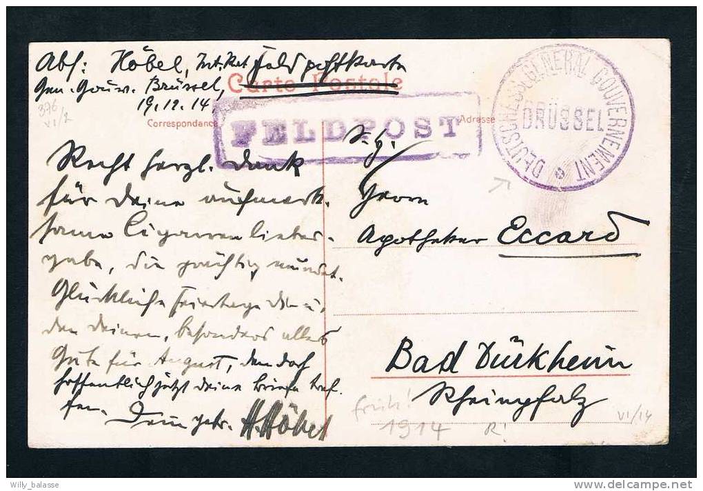 Belgique 1914 Carte Datée De Brussel Le 29.12.14 En FELDPOST + Cachet "DEUTSHES GENERAL GOUVERNEMENT/BRUSSEL" - Autres & Non Classés