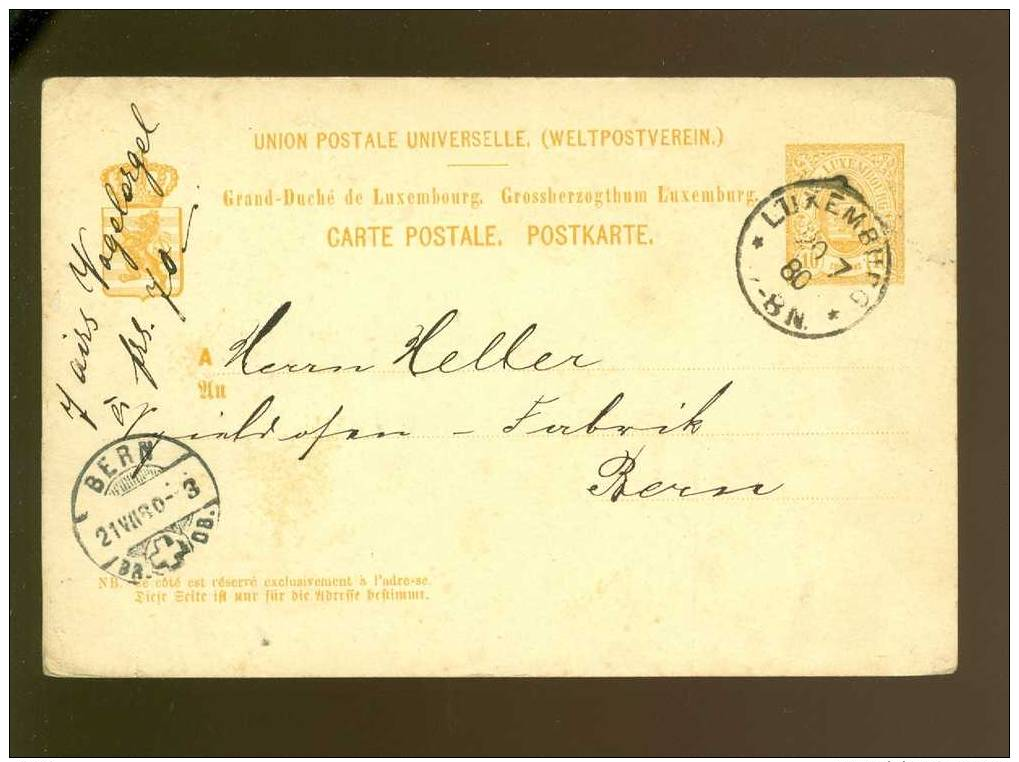 Entier Postal ( 1023 )  Postwaardestuk  Luxembourg 1880 Verstuurd Naar Bern ( Suisse ) - Interi Postali