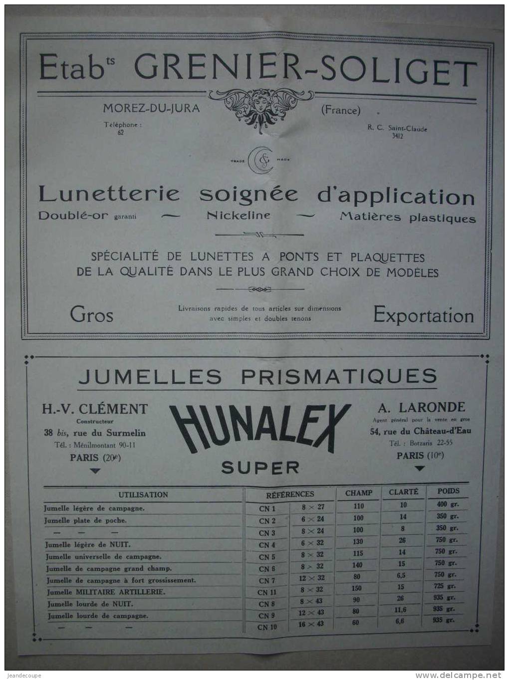 PUB-PUBLICITE- Optique - Lunetterie - Grenier Soliget - Jumelles Prismatiques - Hunalex - 1937 - Publicités