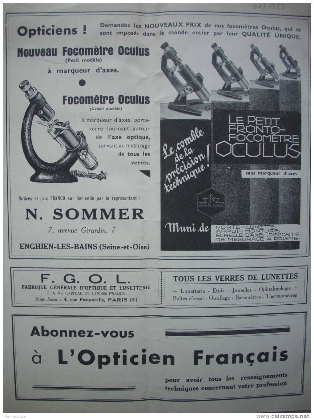 Pub - Optique - Lunetterie - Labor- LEON NICOLE - MOREZ En JURA - 1937 - N.sommer à Enghien Les Bains - Focomètre - Pubblicitari